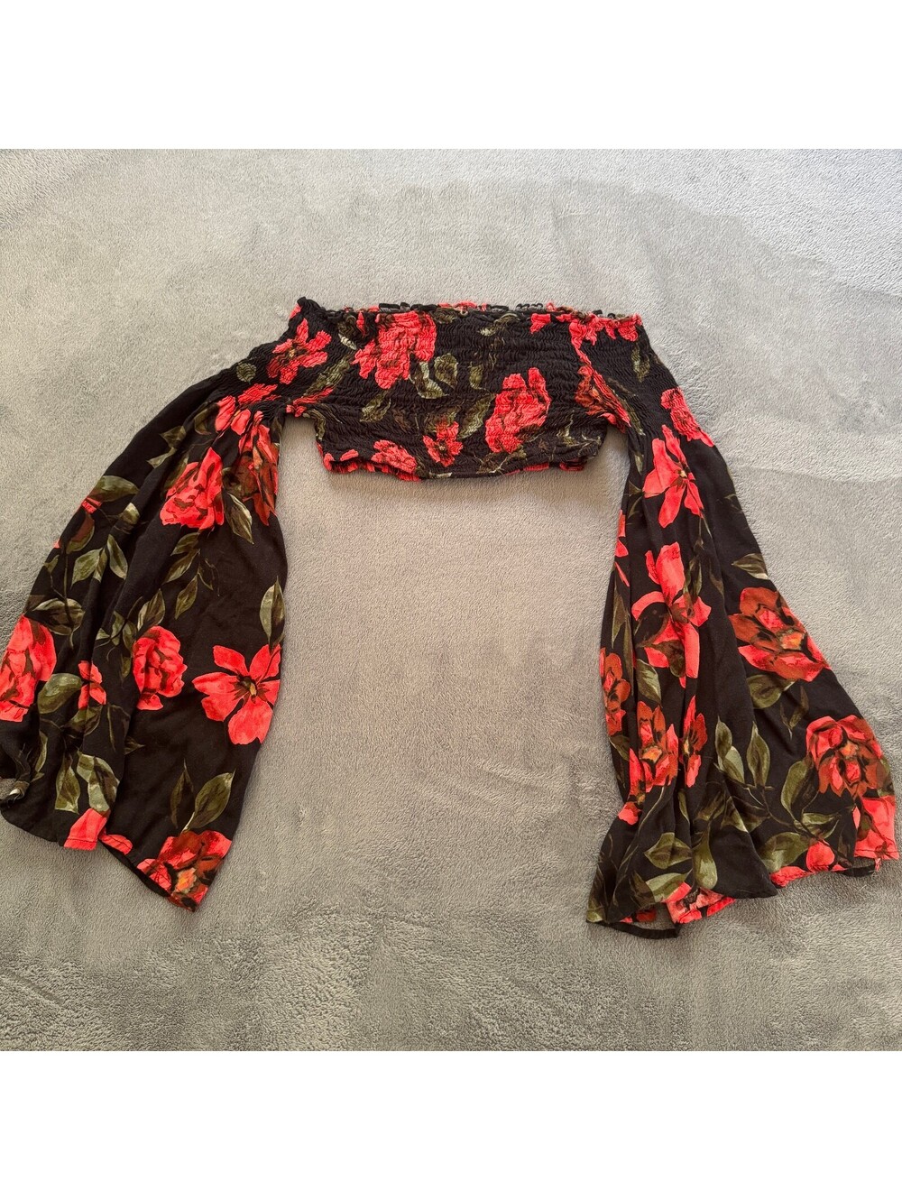 Floral Smocked Crop Top Bell Sleeve Off Shoulder Boho Gothic Olivaceous M